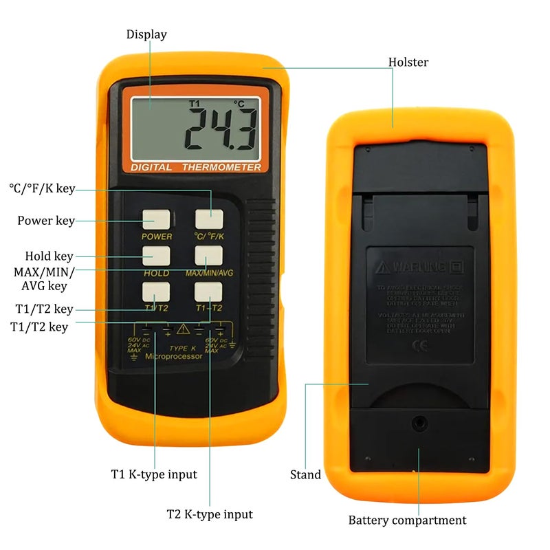 Drphiru K Type Thermocouple Thermometer Dual Channels Thermocouple Tester (-58~2372°F) High Accuracy Temperature Kelvin Scale Meter with 2X Temperature Clamp & 2X Pipe Thermocouple Probes - Image 2